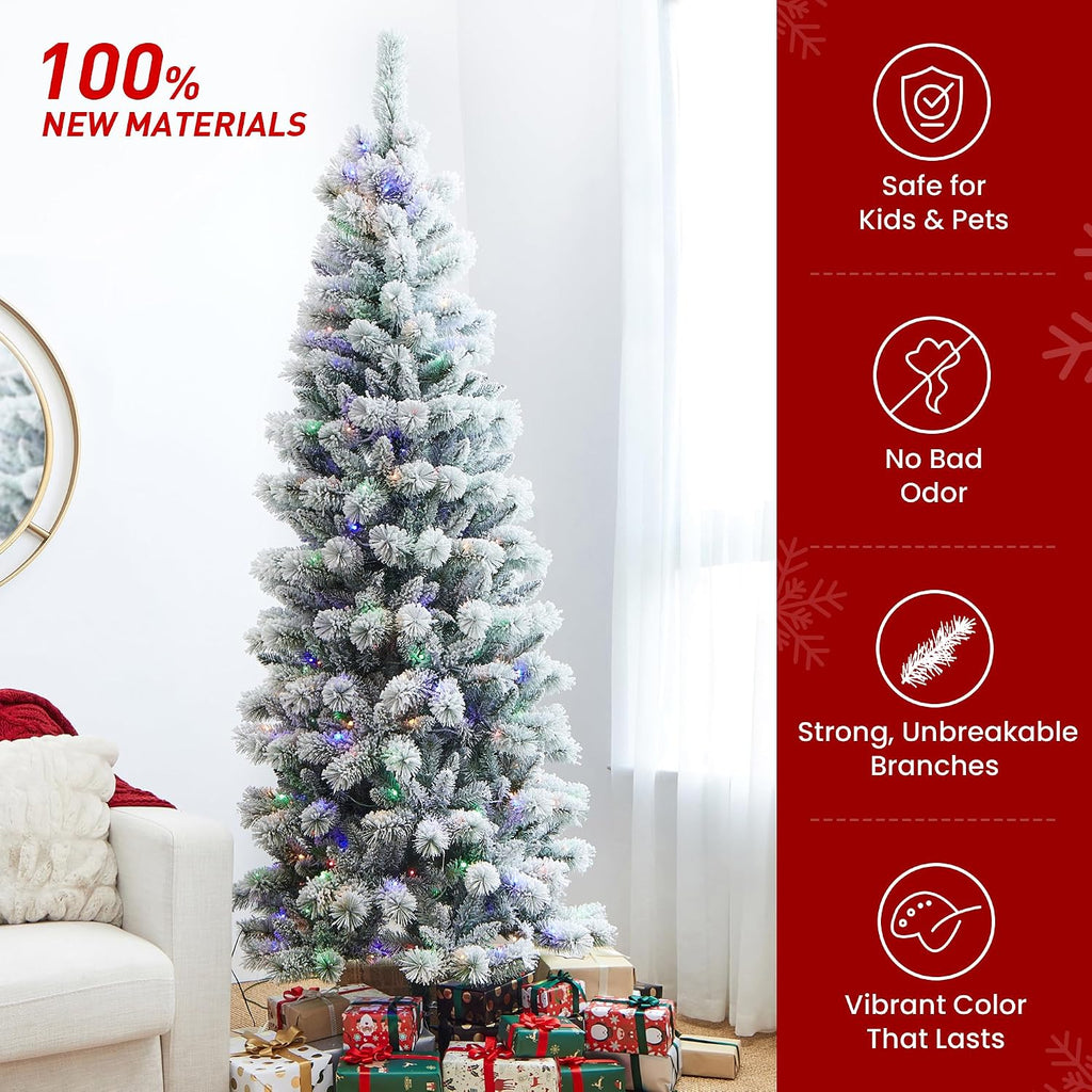 Prelit Christmas Tree, Flocked Artificial Christmas Tree, Pencil Christmas Tree Portland Snowy Pine with 300