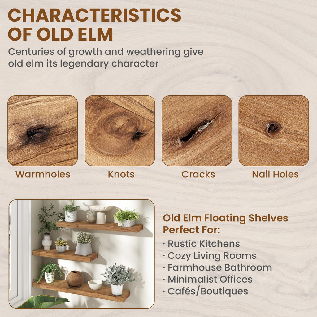 40" Wall Mounted Floating Shelves, Natural Elm Wood, 1 Pack