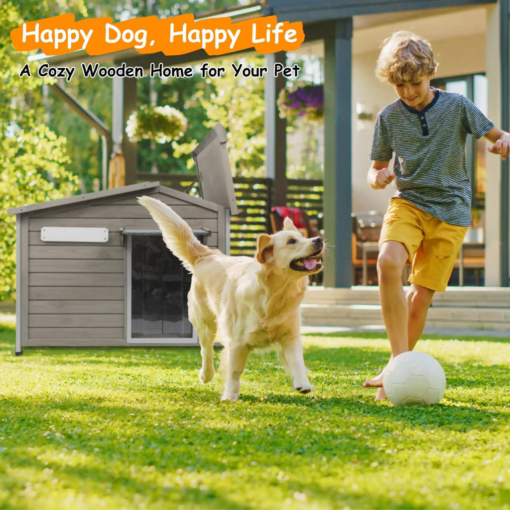 Large Outdoor Dog House for Small Medium Dogs, Weatherproof Wooden Kennel