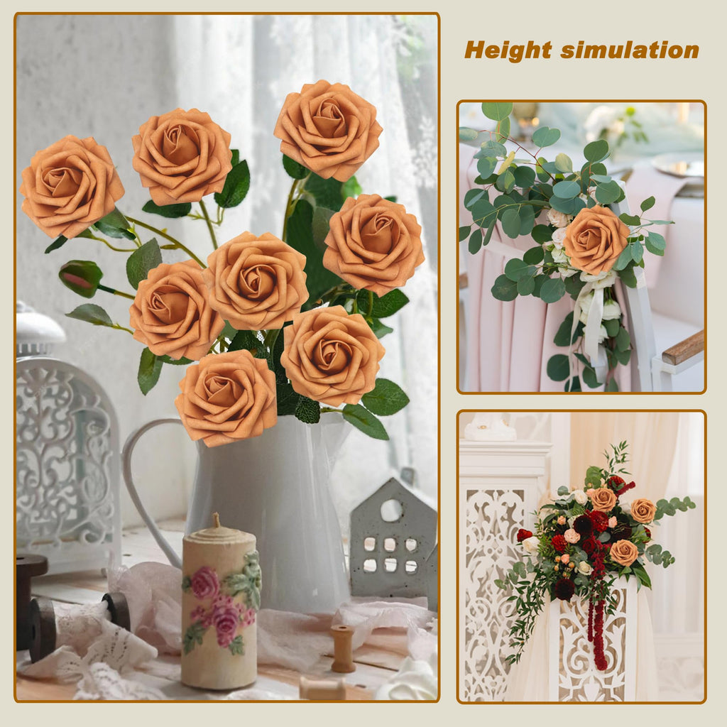 100Pcs Gold Sparrow Artificial Flowers Realistic Roses, Real Looking Fake Roses with Stem for DIY Wedding Bouquets