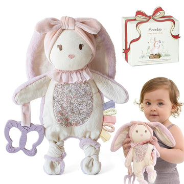 Baby Lovey with Silicone Teether, Bunny Security Blanket with Textured Ribbons, Crinkle Toys, Soft Minky Velour &