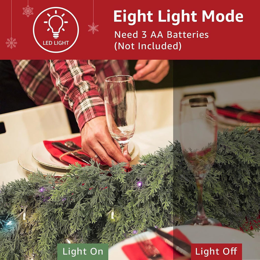 Cedar Christmas Garland with Lights for Mantle - 2 Pack Decorations 9ft Realistic Lighted Faux Pine Garlands for Xmas