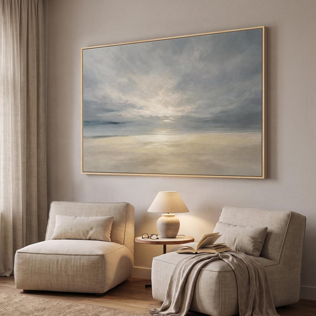 Extra Large Framed Beige Blue Coastal Abstract Wall Art, Horizontal 60x40