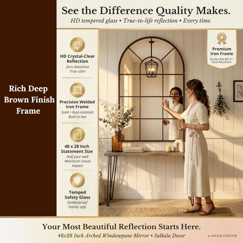 Brown Framed 48x28Inch Arched Window Pane Mirror| Arched Mirrors for Wall & Floor | Arch Mirror Full Length Living