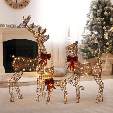 3 Pack 5ft Lighted Reindeer Set Christmas Decor Woven Rattan Style LED Lights Indoor Outdoor Porch Lawn Yard