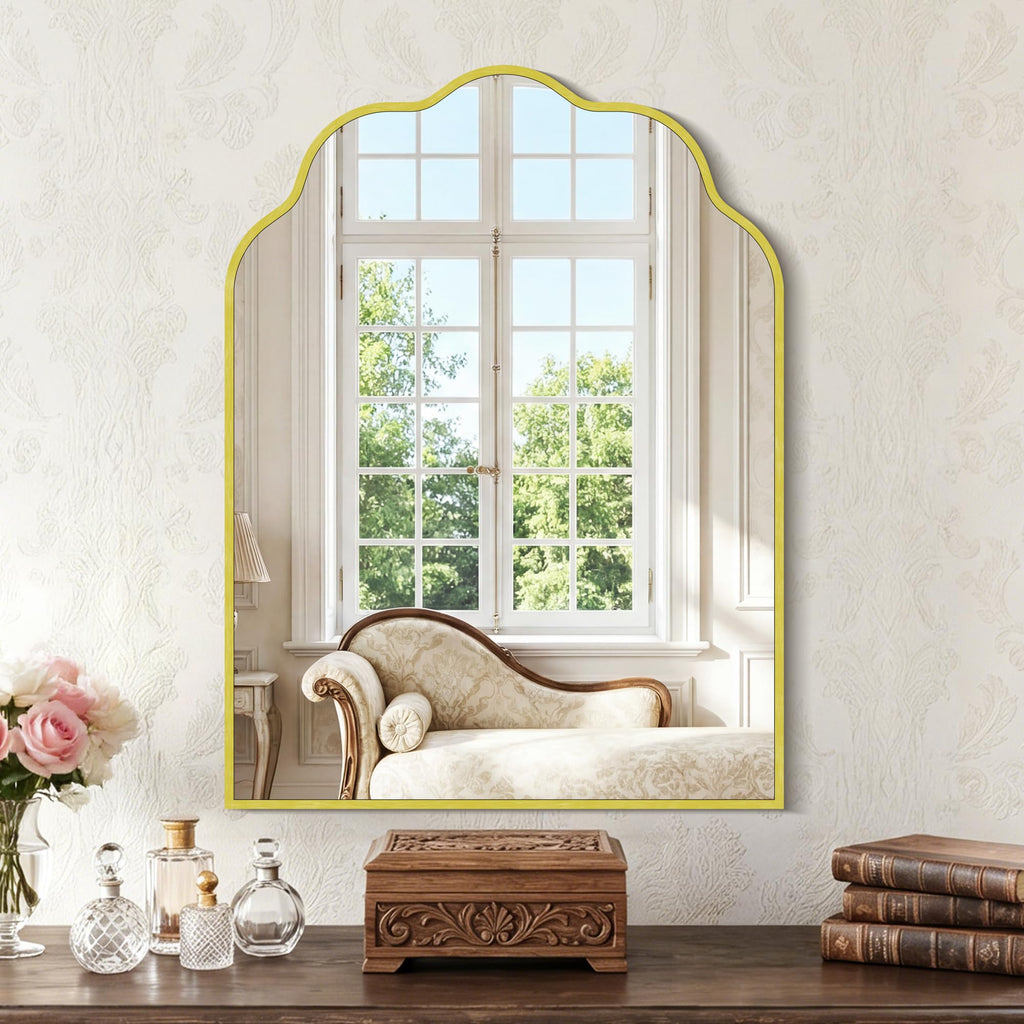 Gold Arched Mirror, 18×24Inch Scalloped Bathroom Mirror, Wavy Wall Mounted Vanity Mirror with Aluminum Alloy Frame