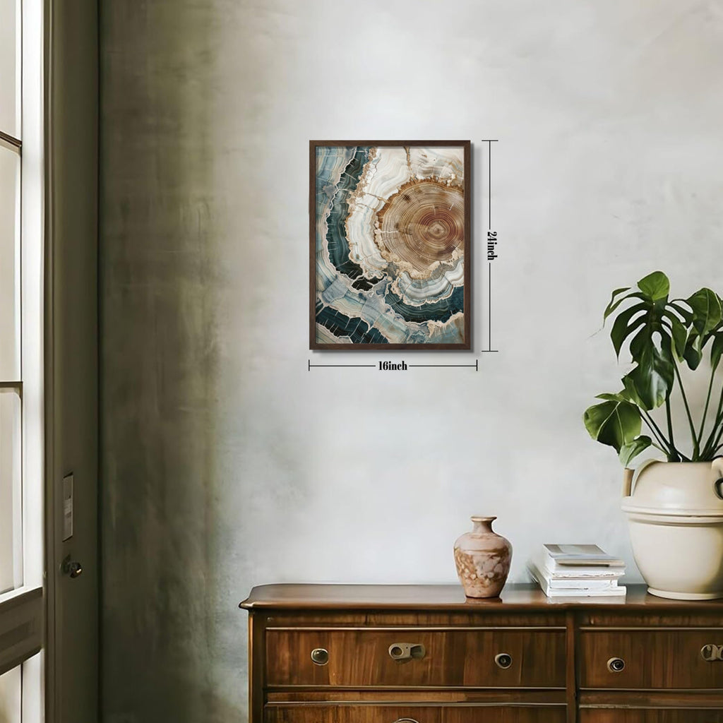 Abstract Nature Framed Wall Art, Modern Boho Tree Ring Canvas Prints Decor, Rustic Wood Slice Painting in Wood Frame