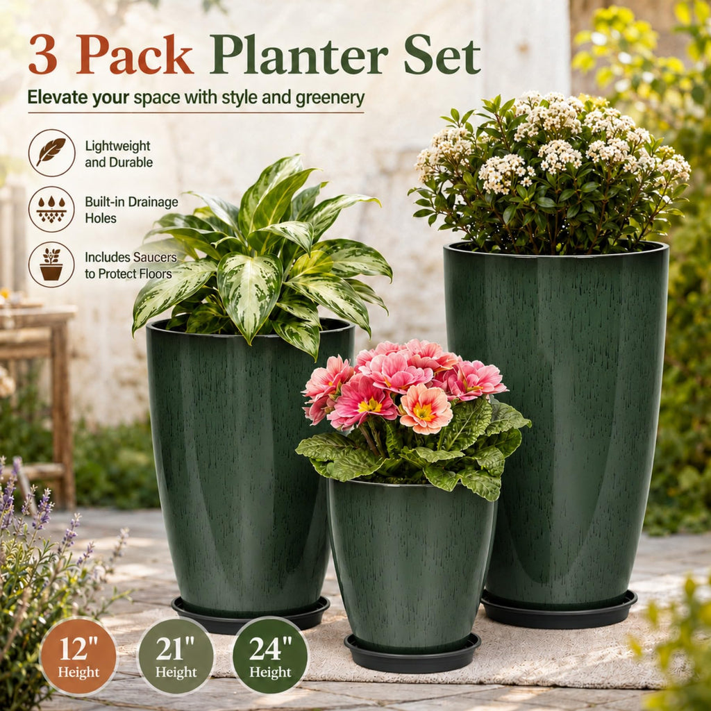Set of 3 Tall Planter, 24/21/12in Large Plastic Planter, DarkGreen