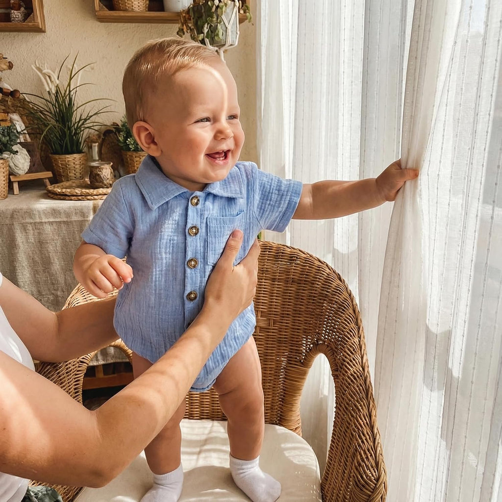 Summer Newborn Baby Boy Cotton Linen Romper Short Sleeve Button Down Jumpsuit Romper One Piece Outfit