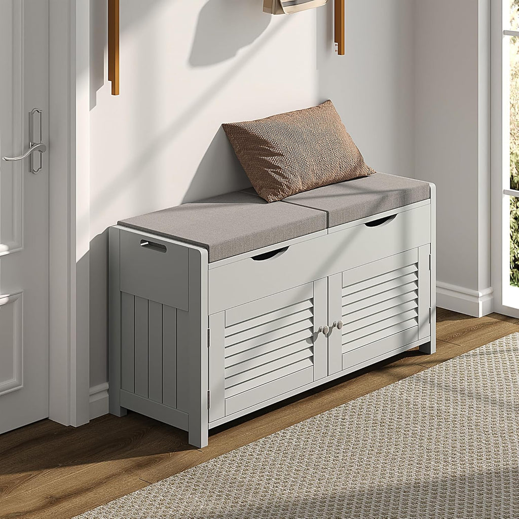Shoe Storage Bench with Lift Top Storage & Cushioned Seats | 29.5" Entryway Bench with 3 Compartments & Adjustable