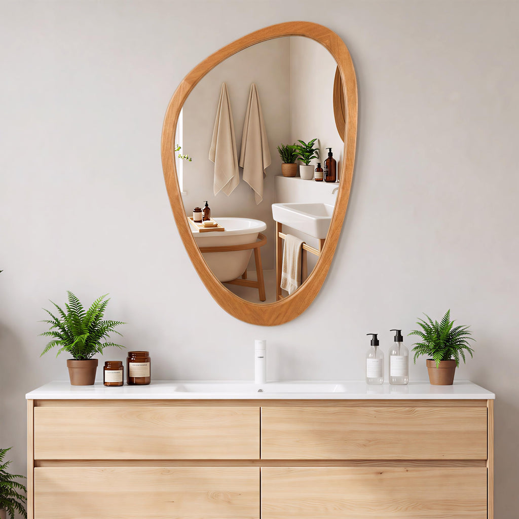Irregular Wall Mirror, 30"x19" Solid Wood Frame Asymmetrical Mirrors for Mid Century Modern Decor, Tempered Glass