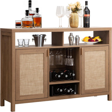 51" Coffee Bar Cabinet with Storage, Rattan Bar Cart Liquor Cabinet | Large Home Bar Table Wine Cabinet with Wine