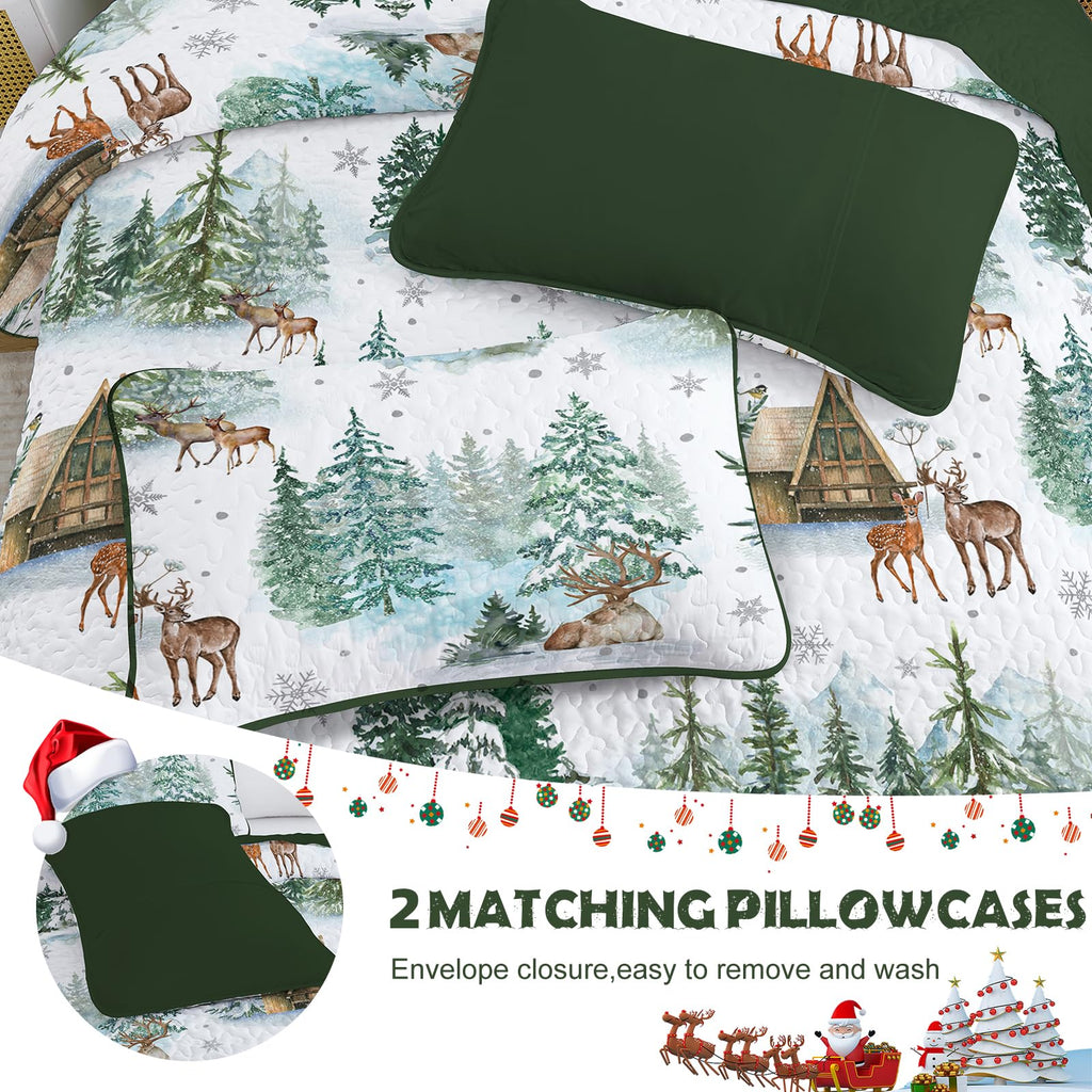 Christmas Quilt Set Queen Size, Green Pine Cabin Quilt