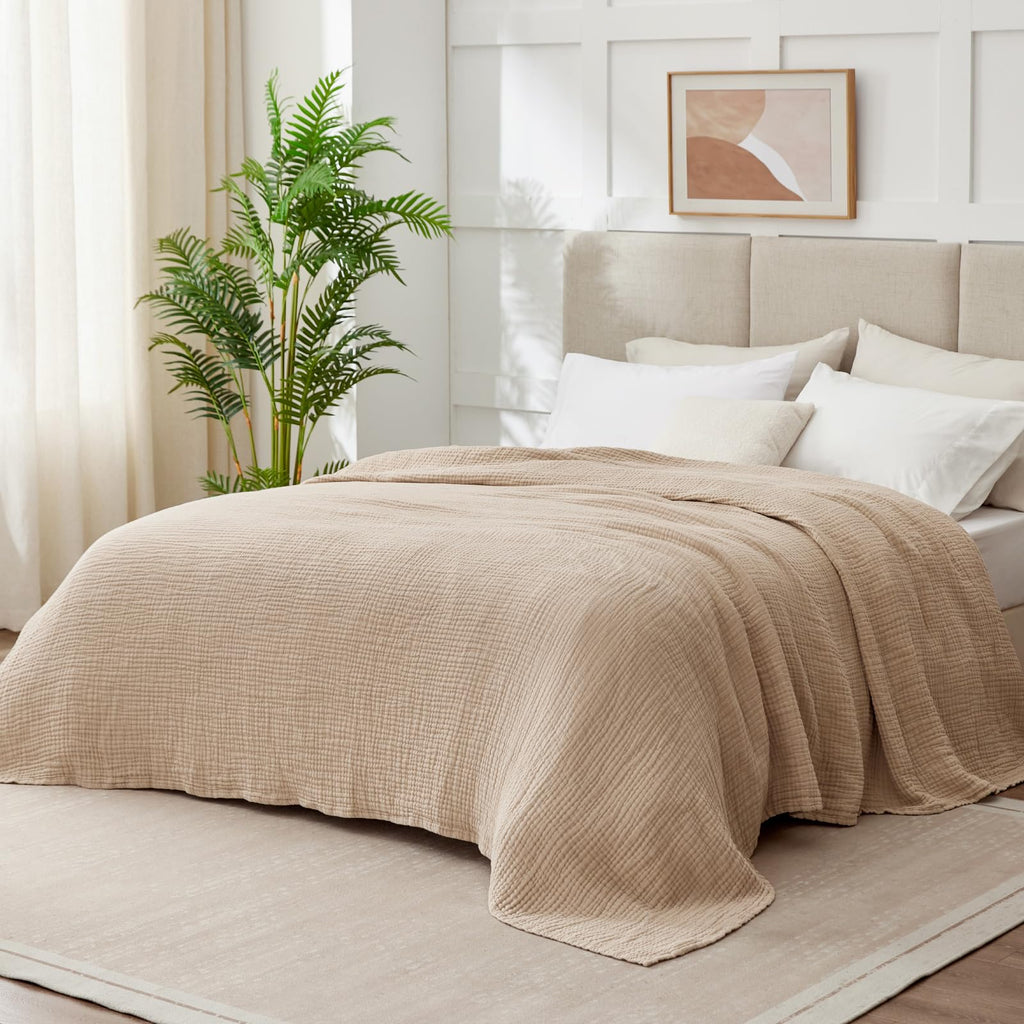 100% Cotton Muslin Blanket for Adults, 6-Layer, 90 x 90, Beige Linen