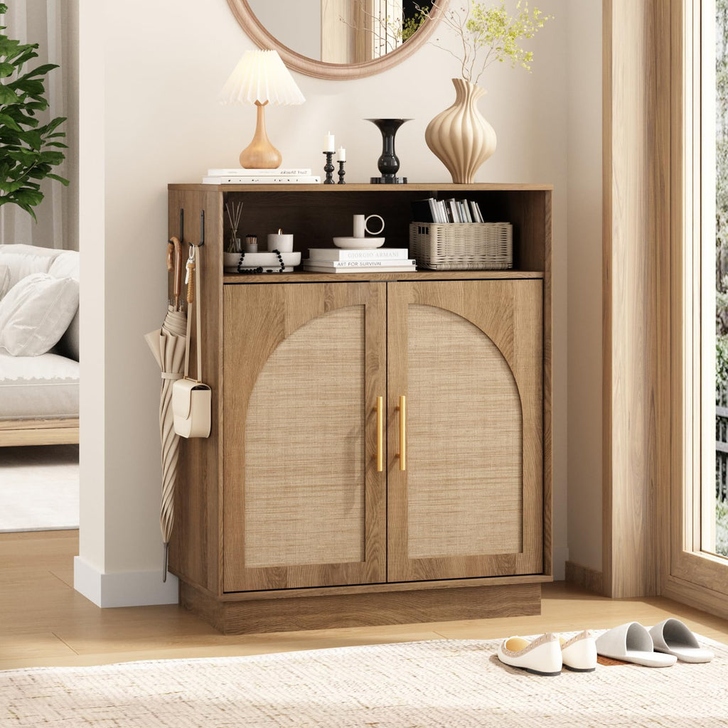 Set of 3 Rattan Shoe Storage Cabinet with Arched Doors