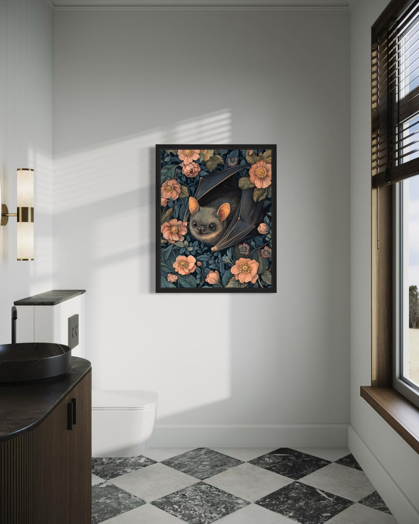 Bat Black Framed Art Print Poster, William Morris Style Retro Mid Century Botanical Victorian Dark Academia Gothic