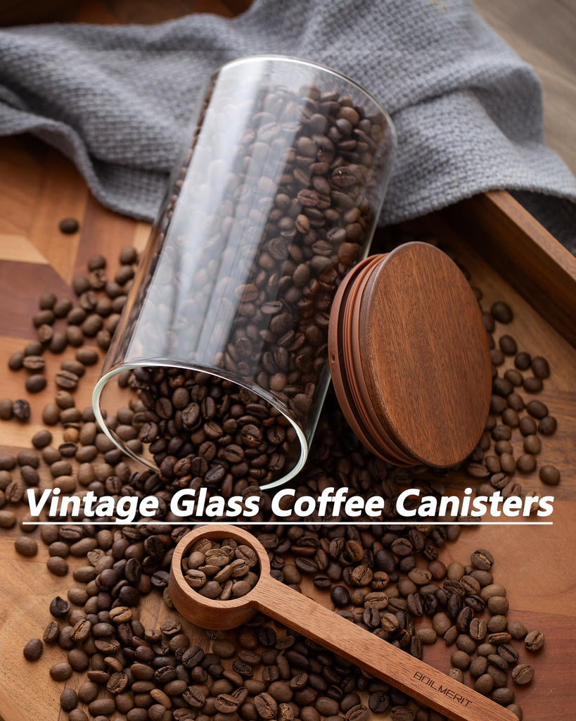 37 oz Coffee Canister with Scoop and Wooden Lids, Airtight Storage Container Sets of 2 for Ground Coffee & Beans