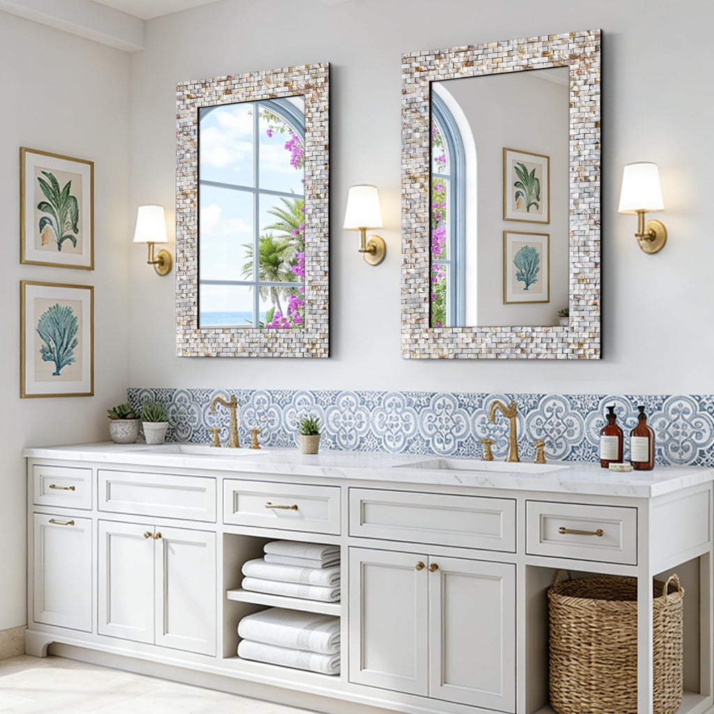 36" x 24" Large Bathroom Mirror Above Sink, Modern Coastal Mirror with Natural Capiz Seashell Frame