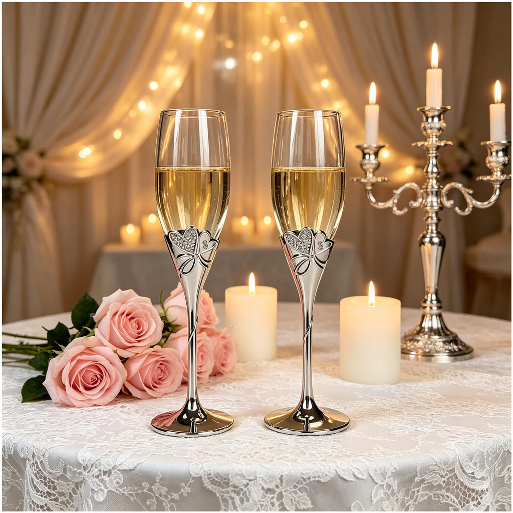 True Love Silverplate Champagne Flutes Set of 2 Silver Toasting Glasses with Metal Base & Crystal Stones, Flute Pair