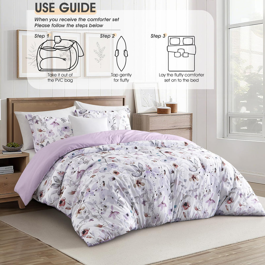3 Piece Queen Comforter Set, Purple Floral Bedding, Soft Microfiber Comforter with Pillow Shams, Romantic French