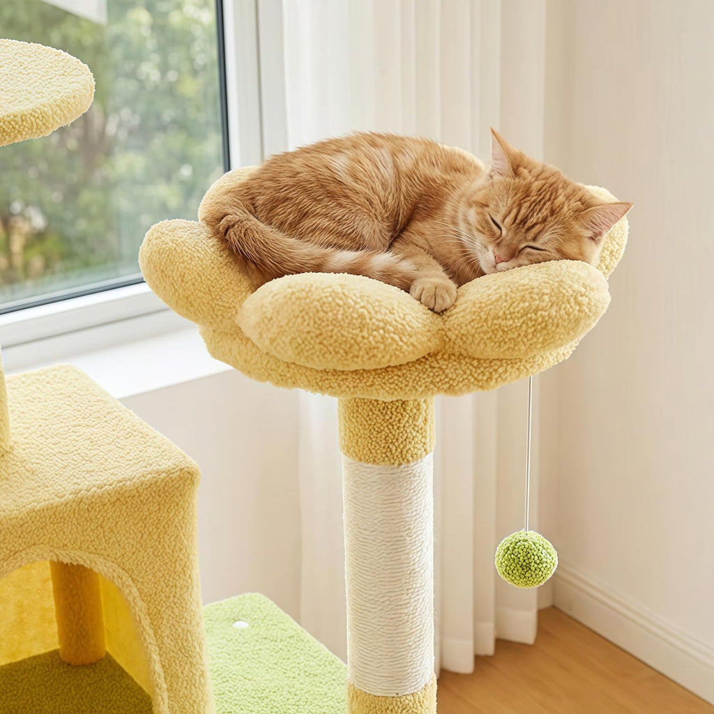 Flower Cat Tree 71 Inches, Large Cat Tower with 2 Detachable Flower Cushions and 2 Hiding Condo, Tall and Big Cat Tree