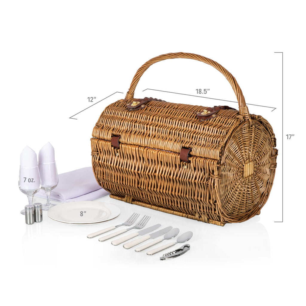 Barrel Wicker Picnic Basket for 2, Romantic English-Style Rounded Wooden Wicker Basket with Deluxe Service for 2