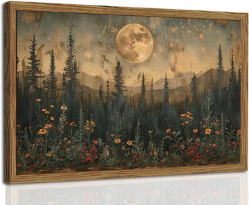 Vintage Nature Forest Wall Art Dark Moon Landscape Painting Wall Decor Woodland Picture Artwork 3D Textured Hand