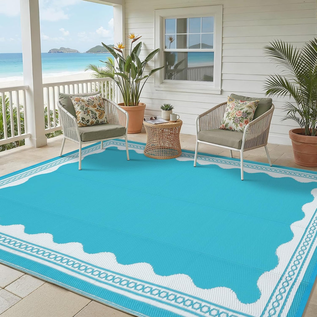 Outdoor Rug 8x10 Scalloped Waterproof Patio RV Outdoor Rugs Reversible Foldable Plastic Straw Rug Modern Camping