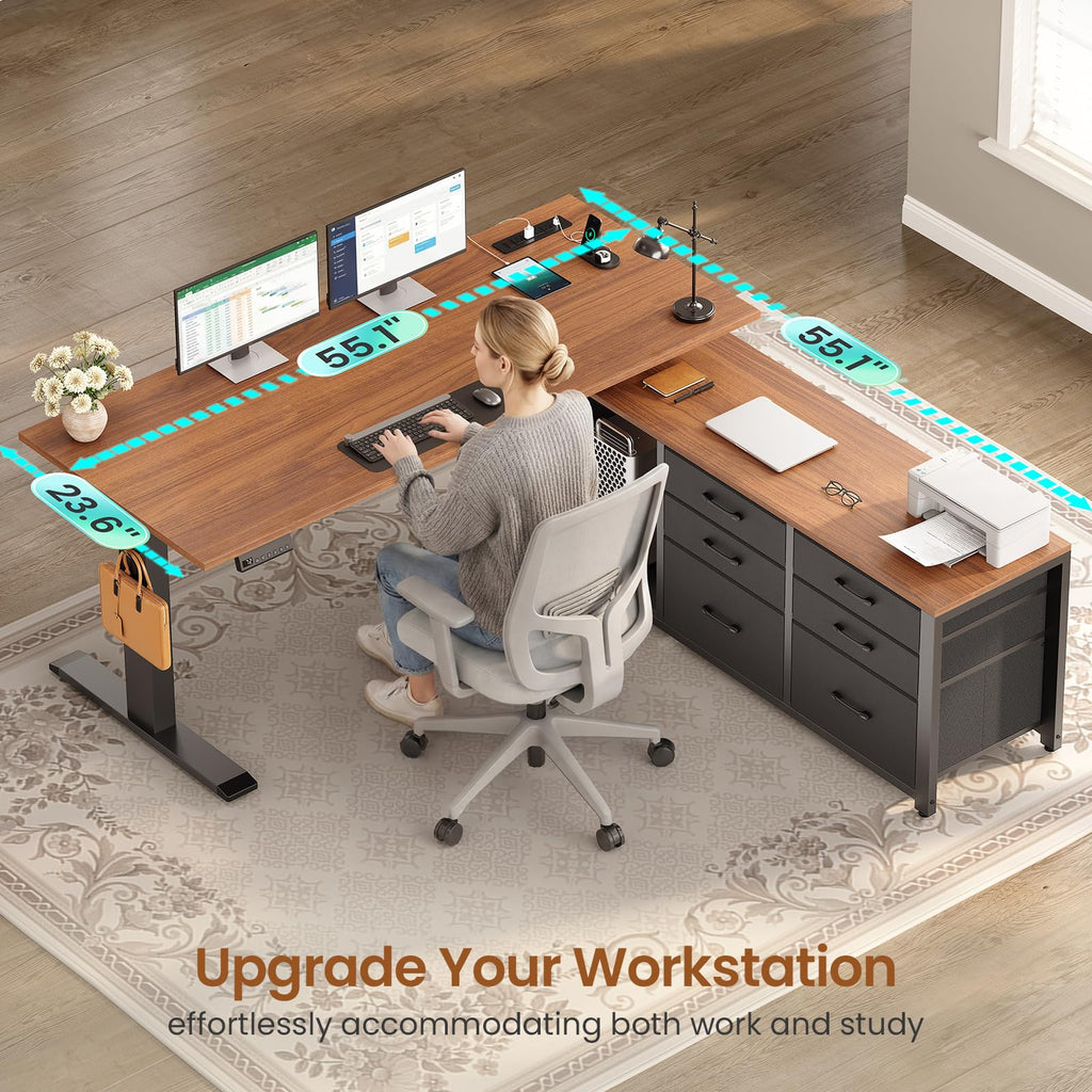 L Shaped Electric Standing Desk, 55" x 55" Height Adjustable Corner Office Desk with 6 Fabric Drawers and Storage