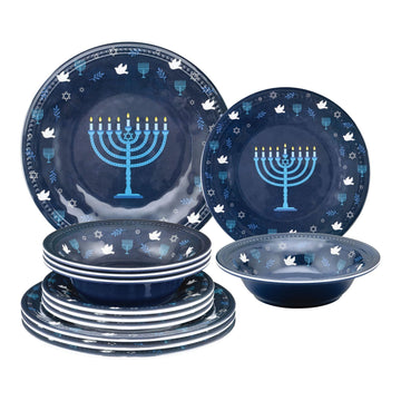 12 Piece Hanukkah Menorah Melamine Dinnerware Sets, Outdoor Dishes Set, Plates and Bowls Sets, Hanukkah Decorations