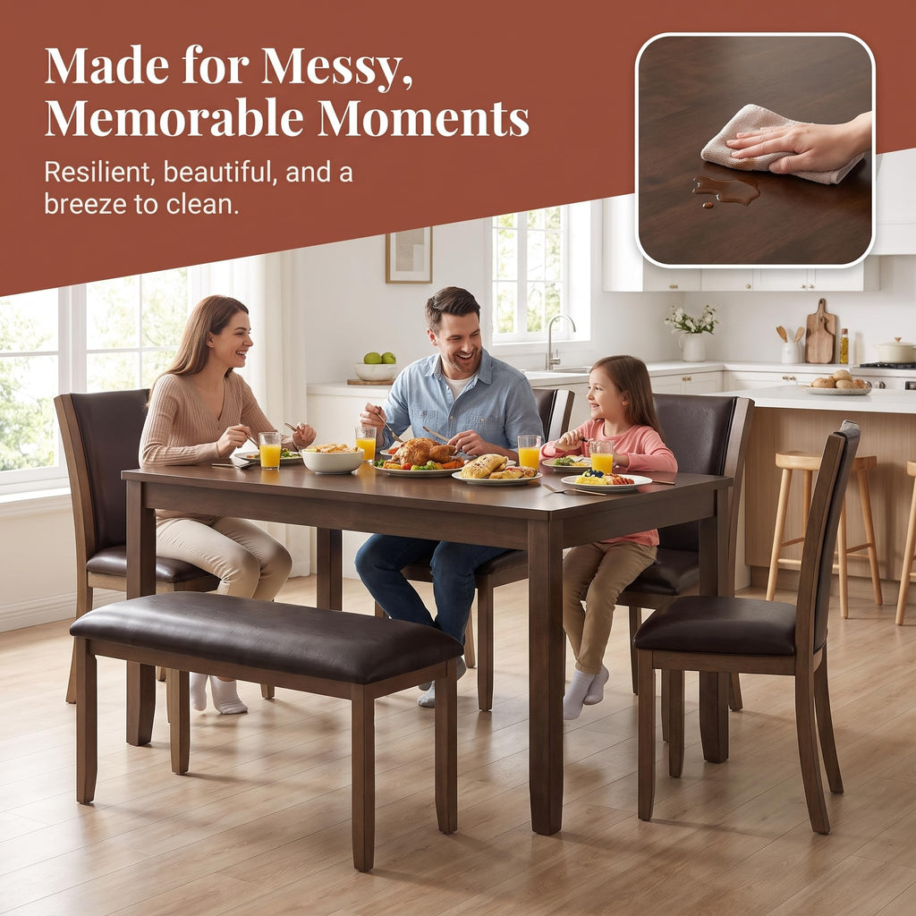 6 Piece Farmhouse Dining Table Set, Traditional Wooden Dinner Table Set for 6, 58.5" Rectangular Table, 4 Curved Back