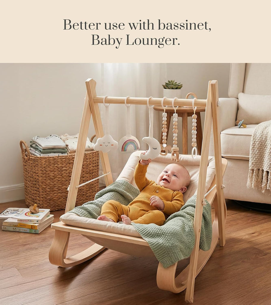 Wooden Baby Gym with 6 Gym Toys, Foldable Baby Play Gym, Natural Pine Wood Play Gym, Frame Activity Center Hanging
