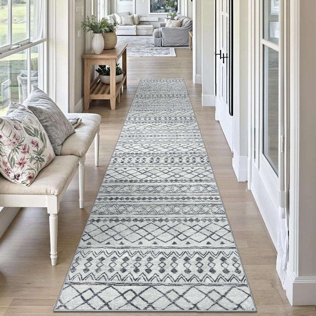 Moroccan Boho Geometric Washable Runner Rug 2x10 Grey Vintage