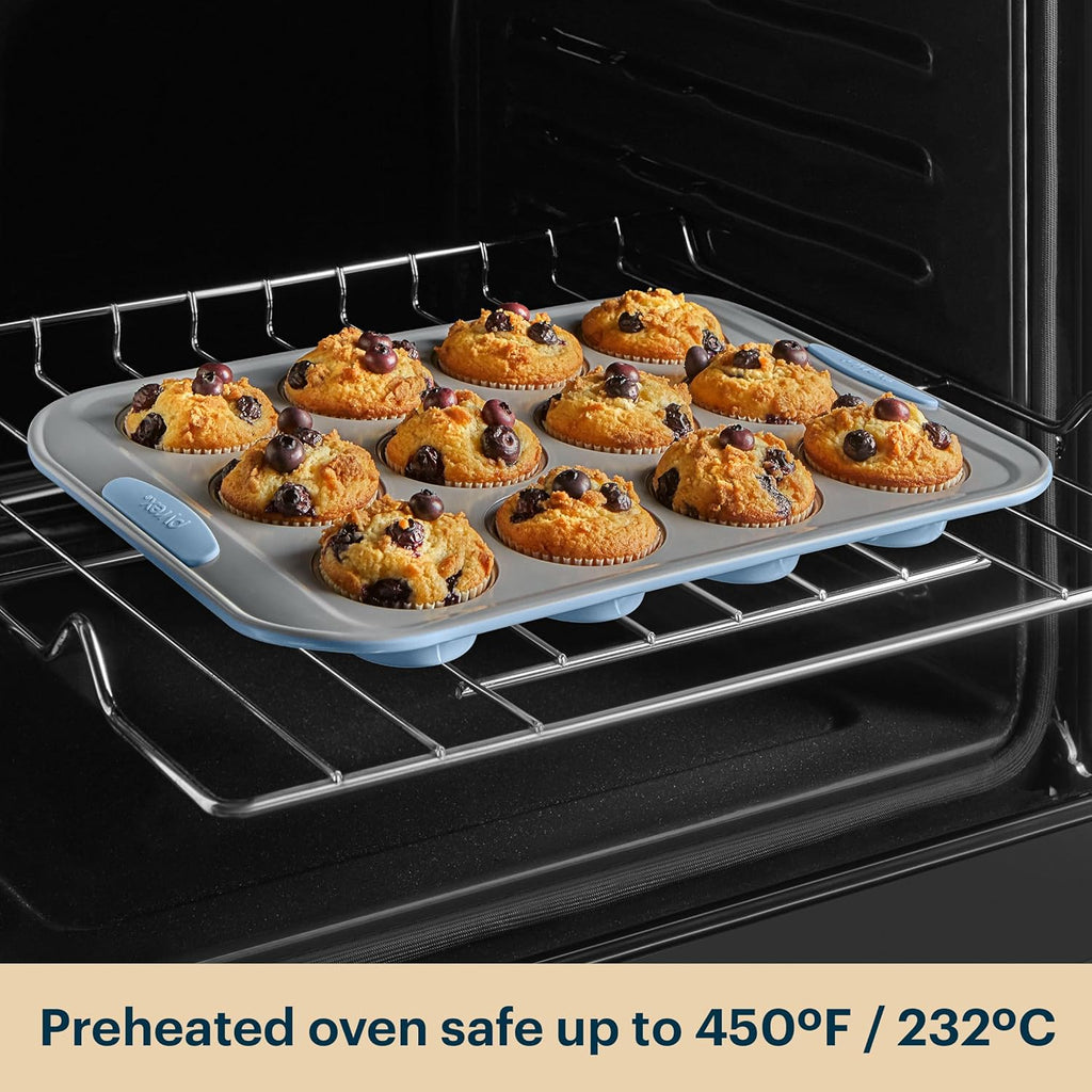 3-Piece Metal Cookie & Muffin Sheet Bakeware Set, Cerulean | Lightweight stainless steel trays with heatsafe silicone