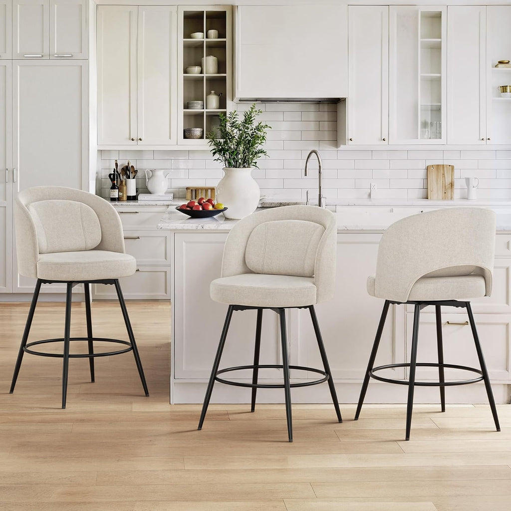 26''H Swivel Bar Stools Set of 3, Counter Height Bar Stools with Backs, Lumbar Pillow and Black Metal Frames