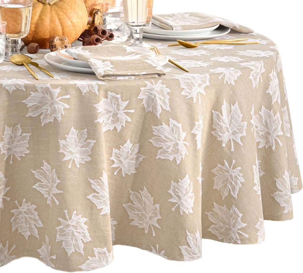 Home Fashions Falling Leaves Jacquard Harvest/Thanksgiving Cotton Tablecloth, 70" Round, Taupe