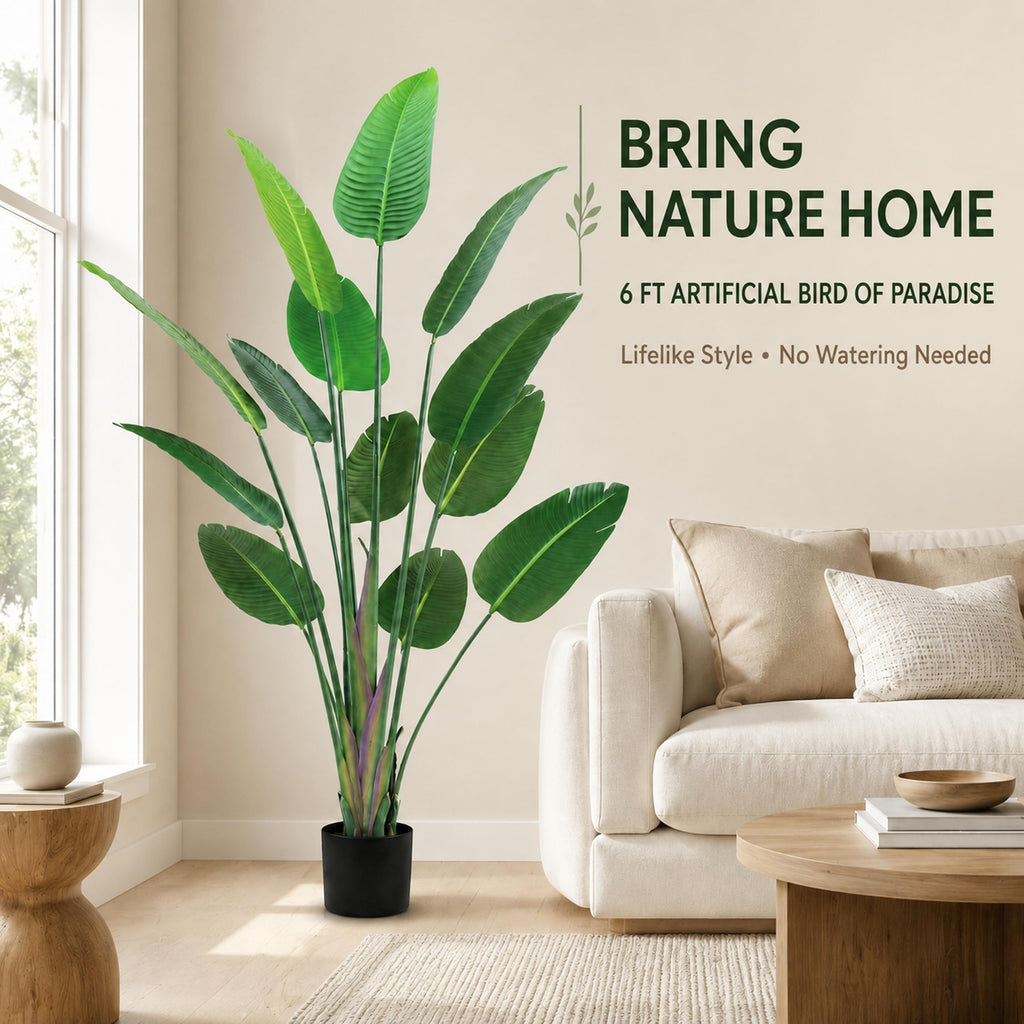 6 ft Artificial Bird of Paradise Plant, 13-Leaf Faux Tree in Pot