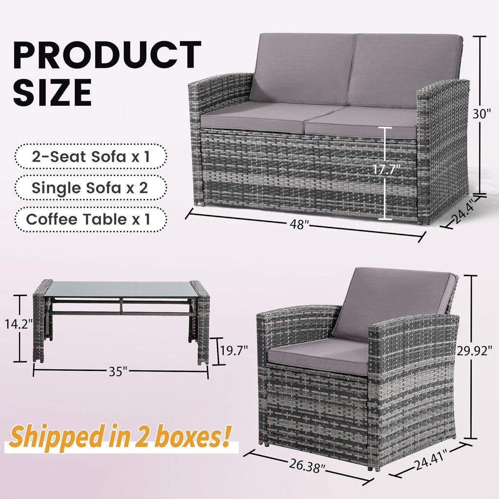 4 Piece Patio Furniture Set, Outdoor Wicker Conversation Set | Washable Cushions, 2 Armchairs + Loveseat Sofa +