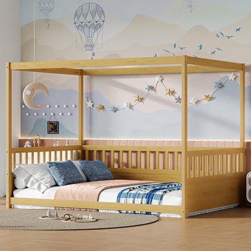 Canopy Bed Frame with 4 Posters and Guardrails, Montessori Floor Bed with High Fence, Natural