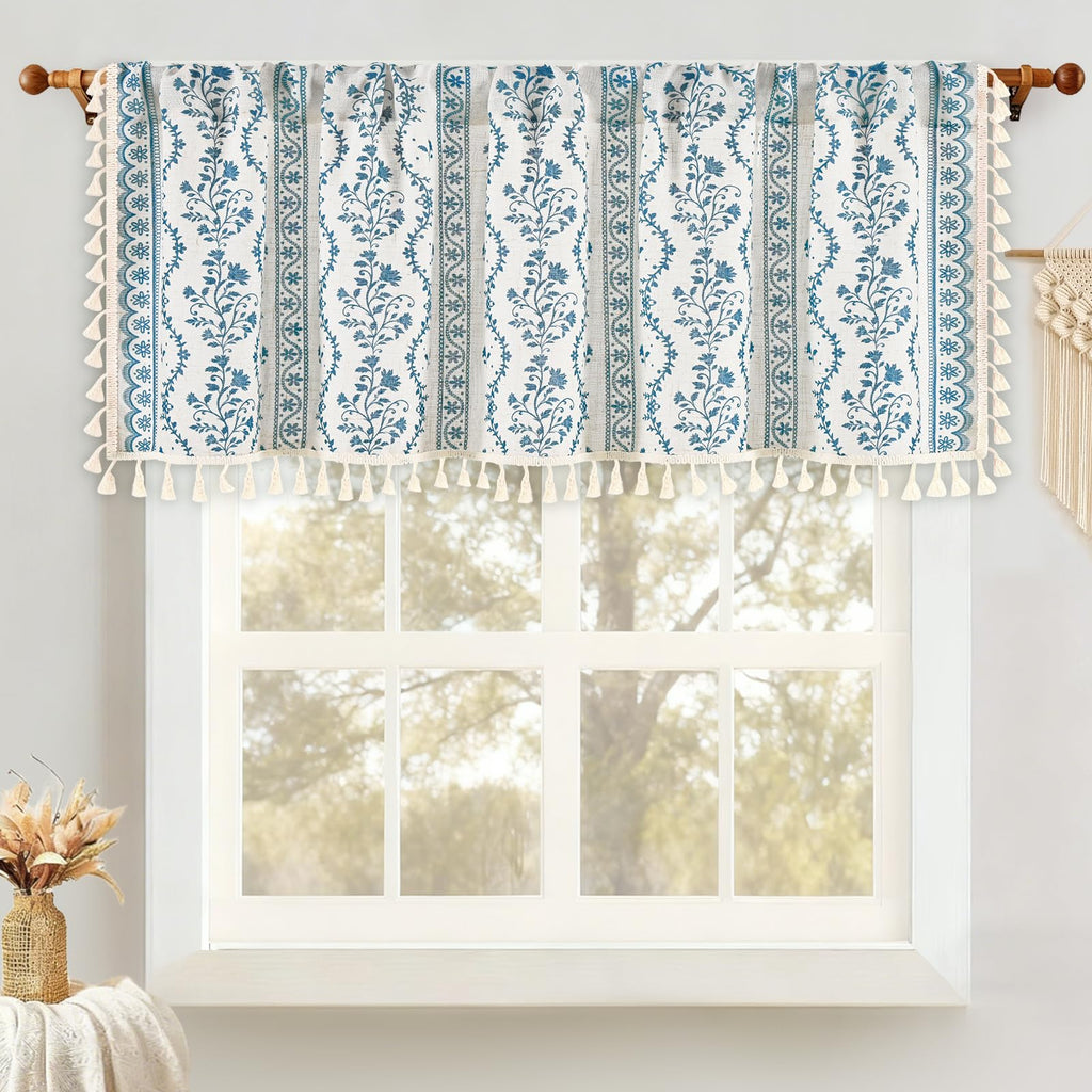 Boho Valance Curtains Vintage Linen Kitchen Valances for Windows Light Filtering Bohemian Floral Valance Rod Pocket