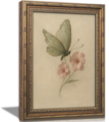 Vintage Gold Framed Wall Art, Retro Butterfly and Pink Flower Oil Painting Canvas Prints, Beige Insect Picture