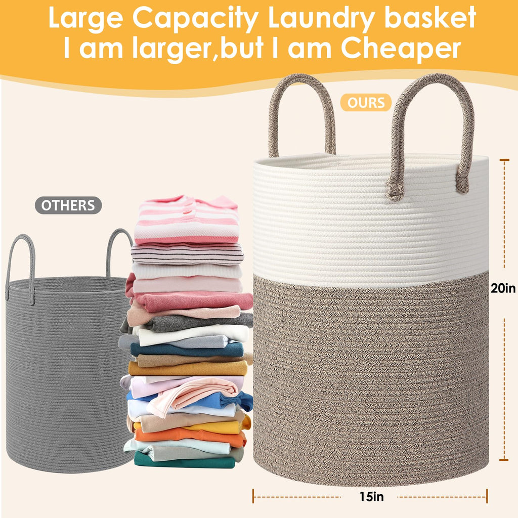 Large 60L Laundry Basket Hamper, Woven Cotton Rope Basket with Handles, Blanket Basket , Baby Nursery, Bedroom &