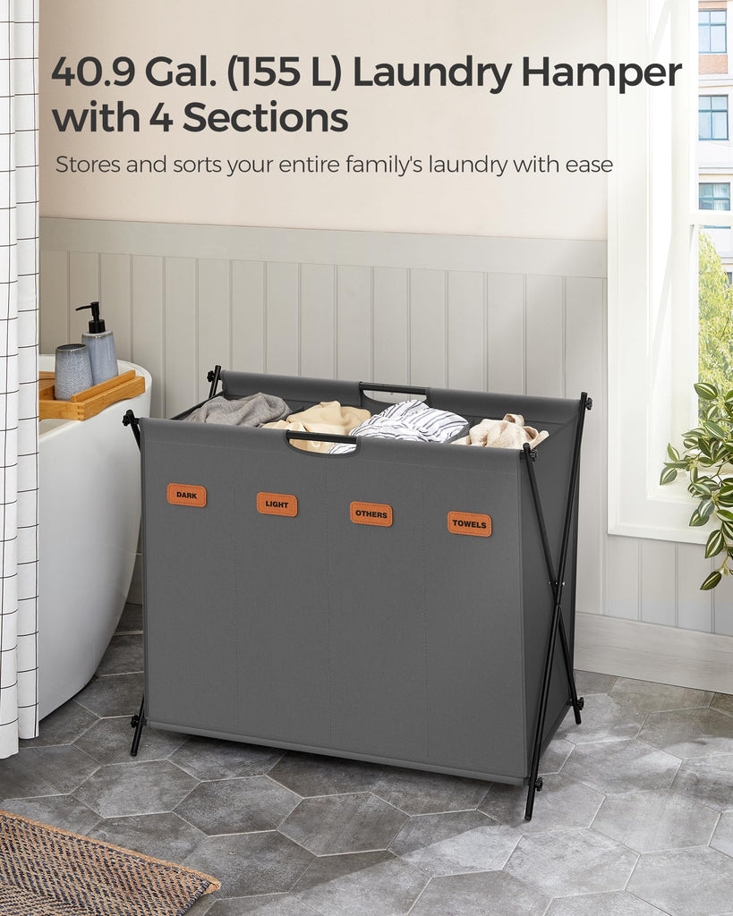 Laundry Hamper, 155L, 4 Sections, Collapsible X-Frame