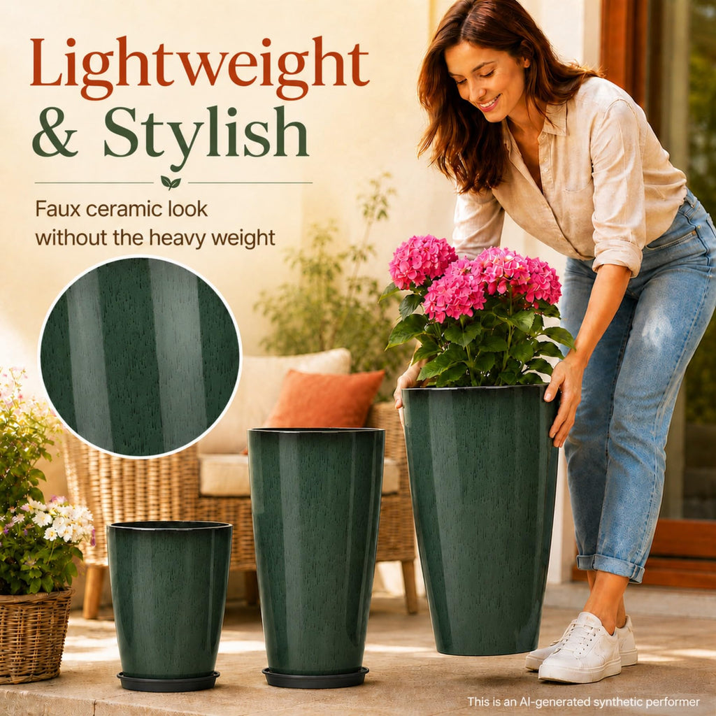 Set of 3 Tall Planter, 24/21/12in Large Plastic Planter, DarkGreen