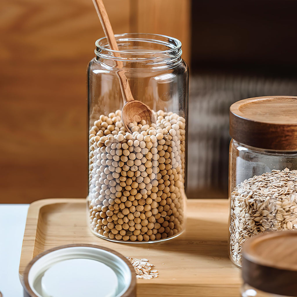 3 Pack 40 fl oz/1200 ml Clear Glass Storage Canister with Airtight Wooden Screw On Lid, Large Tall Decorative Glass
