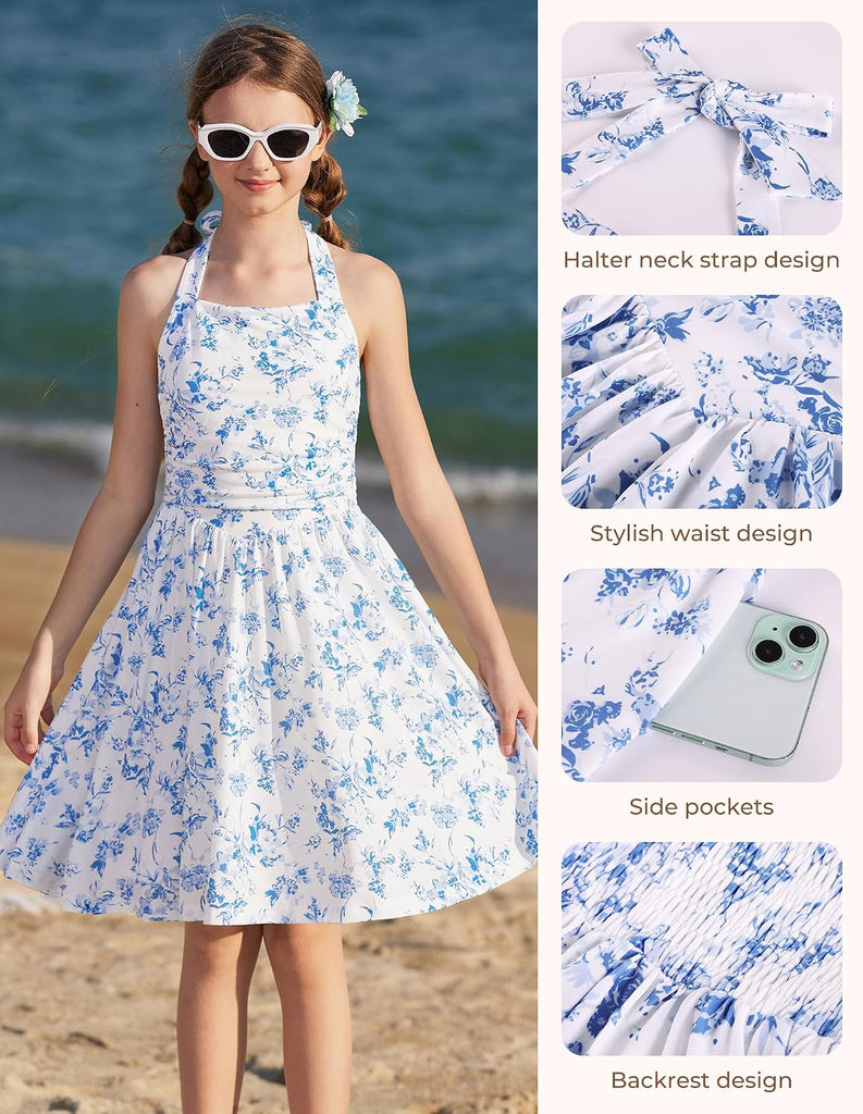 Girls Floral Summer Spring Halter Tie Back Dresses