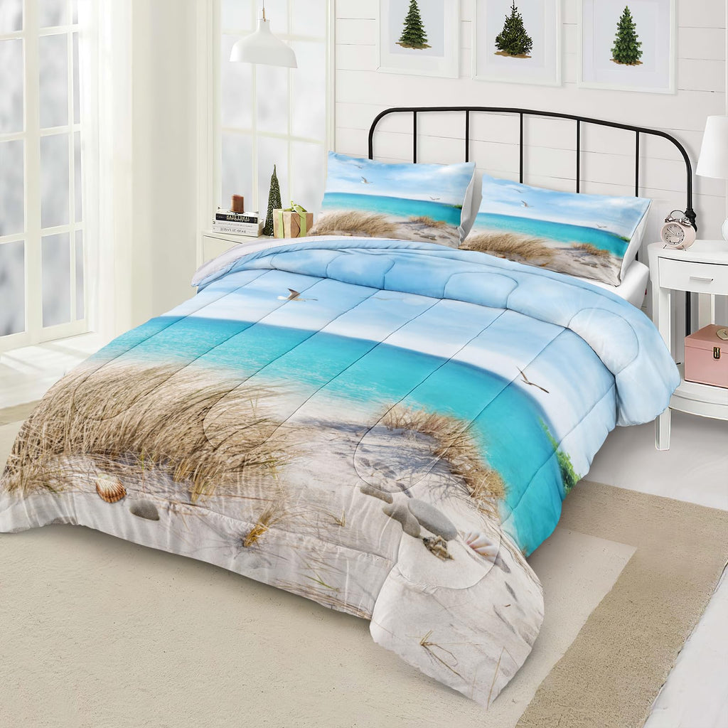 Ocean Comforter Set 4 Pieces Coastal Bedding Set Blue Hawaii Island Scenery Design Ocean Beach