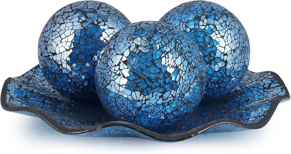 Centerpiece Bowl and Balls Set, Mosaic Tray with 3 Pieces Spheres, 12" Decorative Plate with 4" Mosaic Orbs Decor