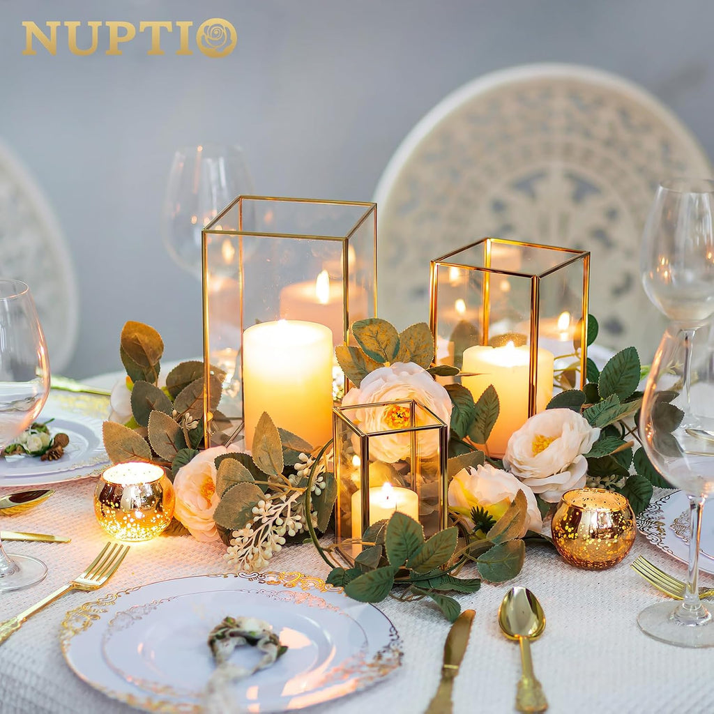 Hurricane Glass Candle Holders: 3Pcs Gold Lanterns Candle Holder for Pillar Candles Geometric Table Centerpiece