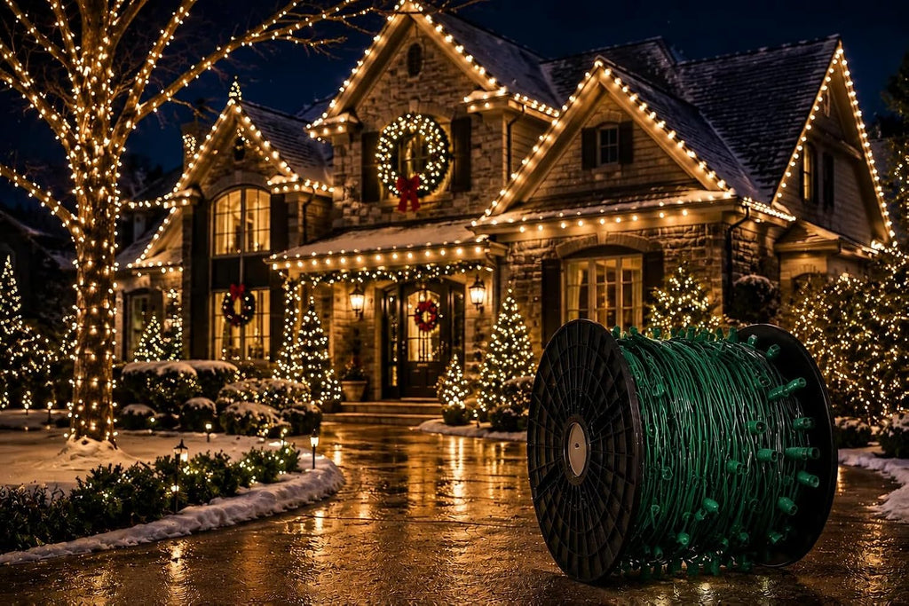 1000 ft C9 Christmas Light Socket Spool, Green 18 AWG SPT-1 Wire, 15" Socket Spacing, E17 Intermediate Base